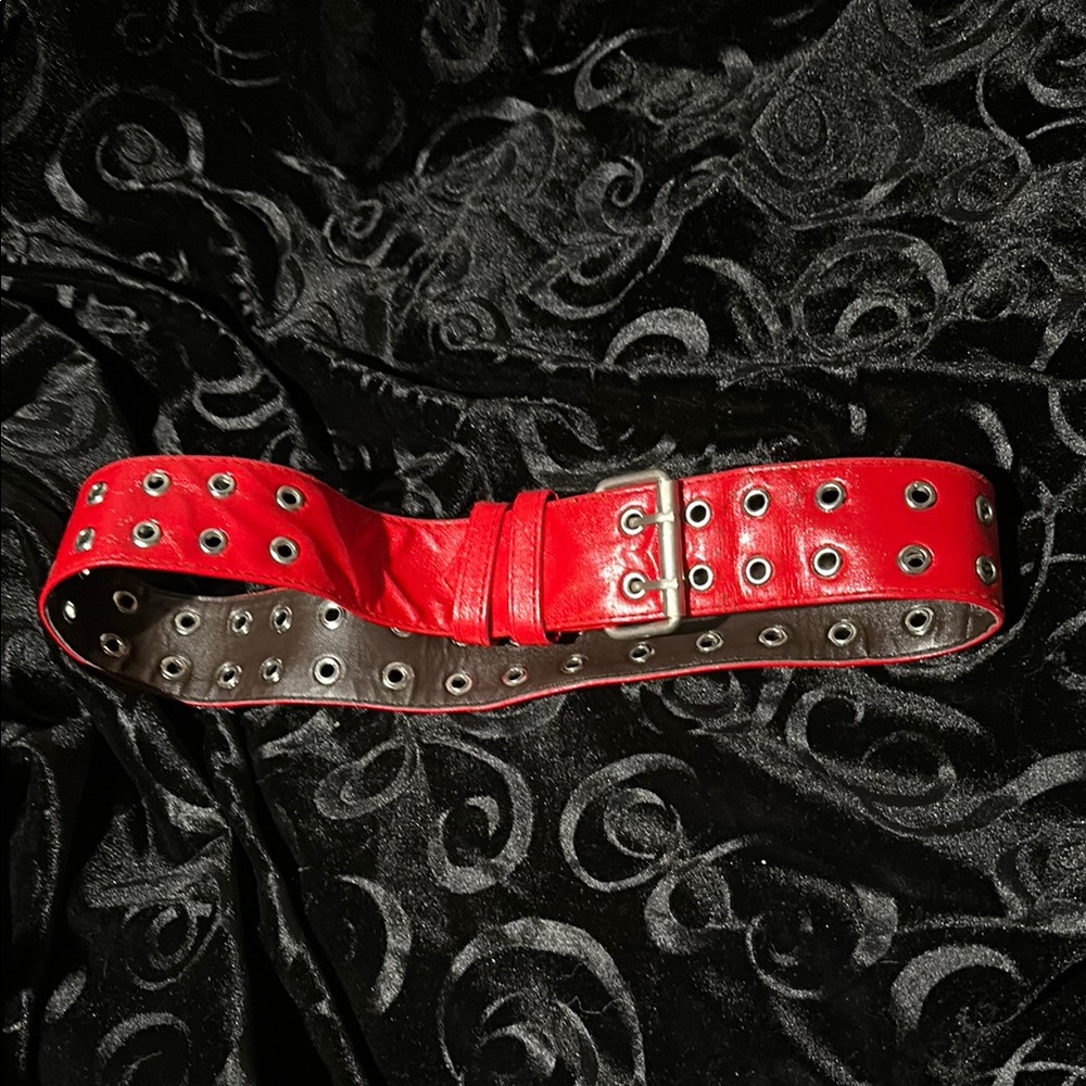 Red patent leather double grommet belt